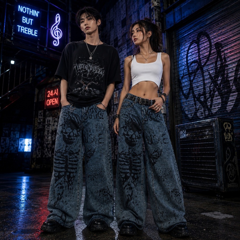 Unisex Skull Graphic Wide Leg Baggy Jeans S Urban Cyber-Grunge Raw Hem Skater